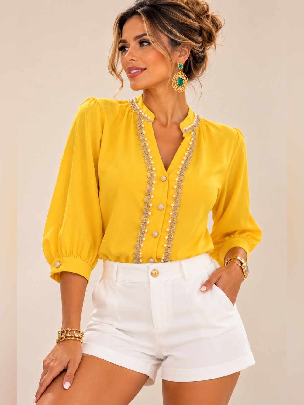 Studio F Yellow Embellished Blouse Size XS – Made in Colombia NWT